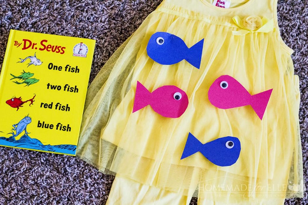 Yellow One Fish Two Fish Costume  next to book| homemadeforelle.com