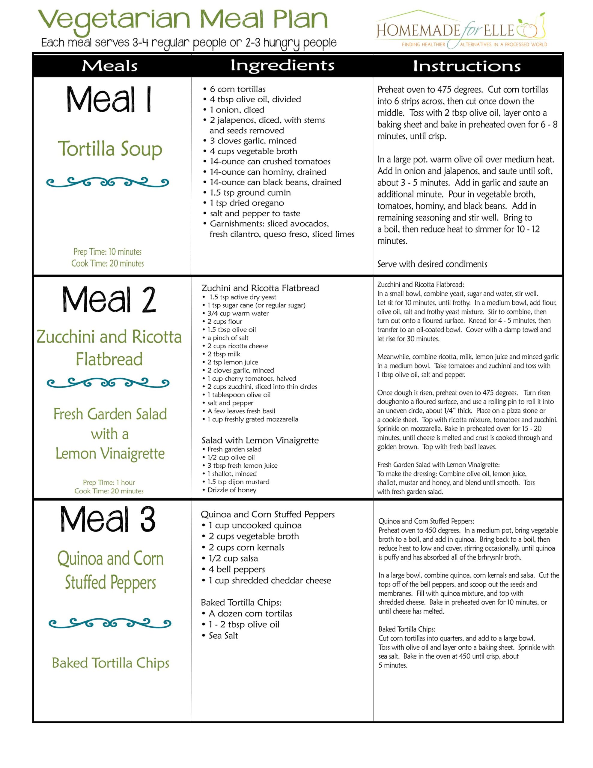 camping vegetarian meal planning sheet