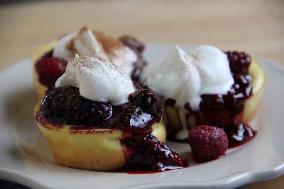 Mini Popover Pancakes with Mixed Berry Sauce