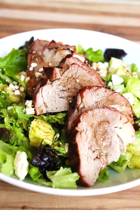 Close up of pork loin salad with feta cheese