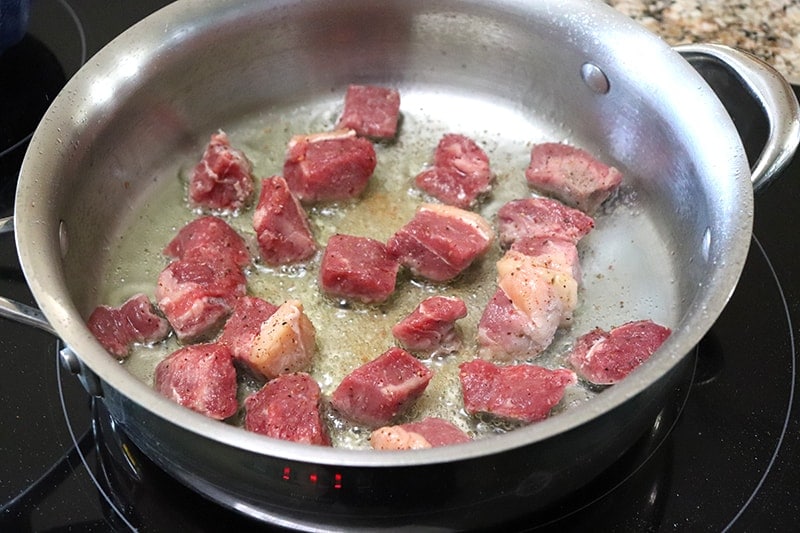 sauteing steak bites in olive oil