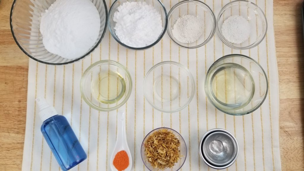 Ingredients to make homemade calendula bath bombs
